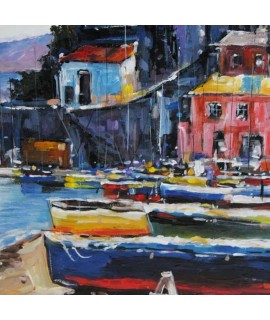 Quadro dipinto a mano barche al porto